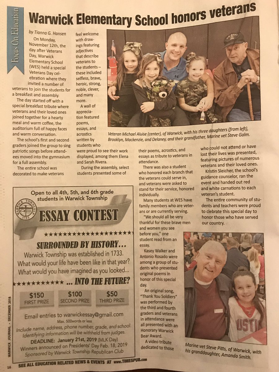 Great article in the December Warwick Journal featuring our Veterans Celebration <a href="/CBWarwickElem/">Warwick Elementary School CBSD</a>  ❤️
