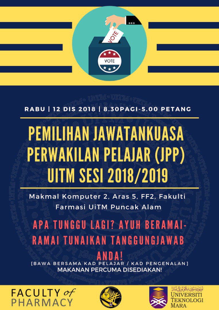 smf_farmasi's tweet photo. 🌸SALAM UiTM DIHATIKU🌸

PEMILIHAN JAWATANKUASA PERWAKILAN PELAJAR(PJPP)
akan diadakan pada:

📌Rabu (12/12/2018)
📌8.30 - 5.00 PTG 
📌Makmal Komputer 2,Aras 5,FF2, Fakulti Farmasi UiTM Puncak Alam

Semua pelajar diwajibkan hadir.

Sila Bawa Kad Pelajar❗❗

#smffarmasi #vote4mpp https://t.co/8hlWUUIDlR