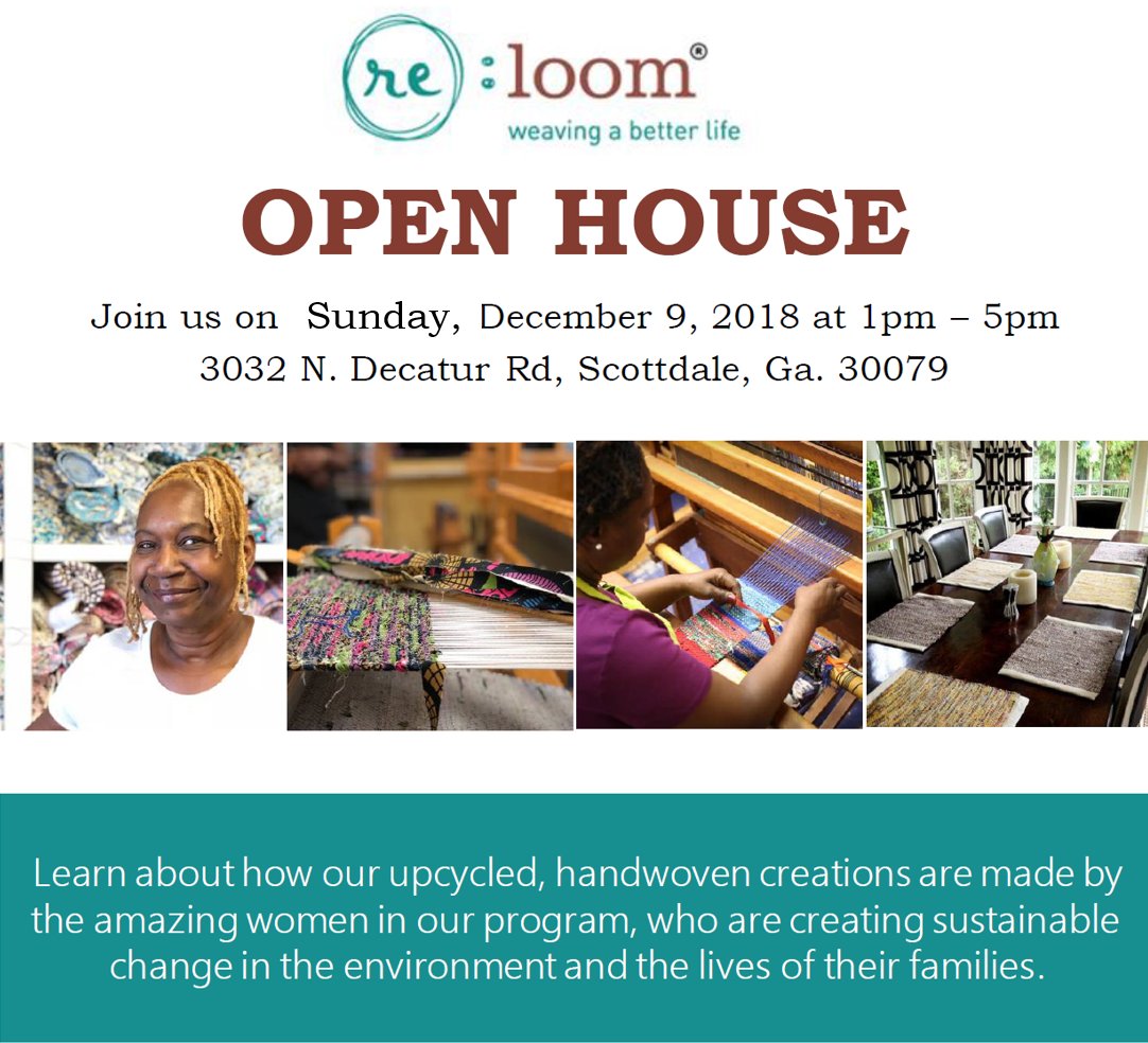 re_loom's tweet photo. SAVE THE DATE! Join us on Sunday, 12/9 for our Open House. Learn how the women in our program weave unwanted textiles into beautiful handmade products while creating sustainable change. https://t.co/27dzLyMU7x