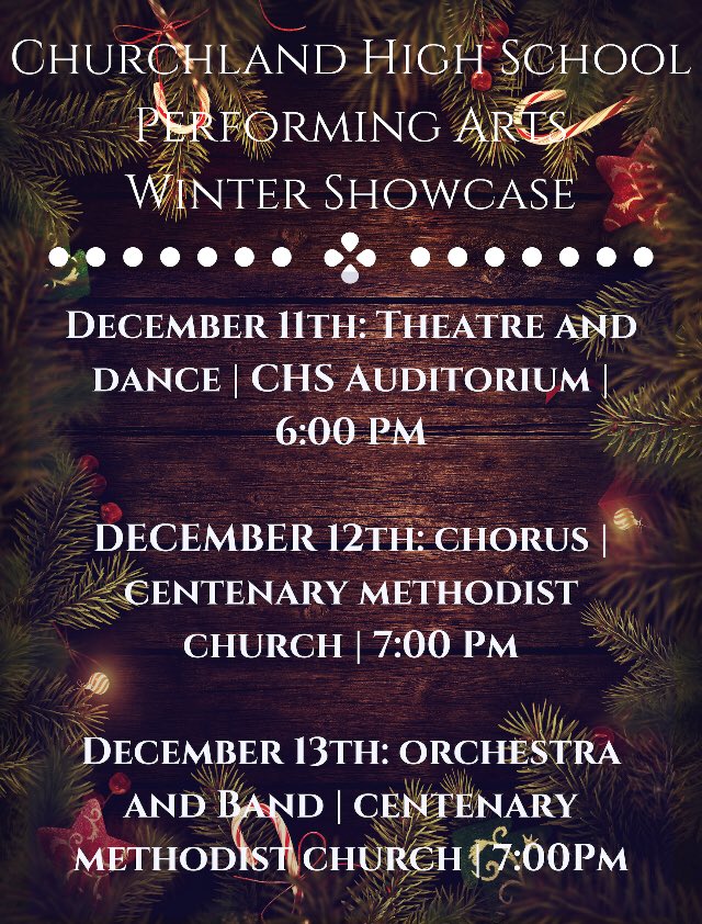GoCHSTruckers's tweet photo. Our Winter Performing Arts Festival is next week. Make plans to join us. Make note of locations and times. #TruckerNation https://t.co/hj02mjV7aA