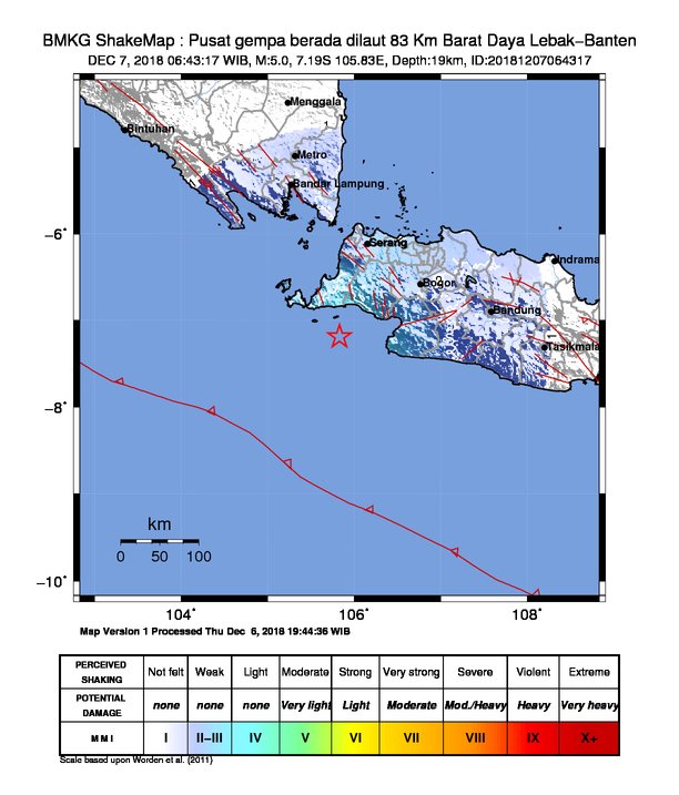 infoBMKG's tweet photo. #Gempa Mag:5.0, 07-Des-18 06:43:17 WIB, Lok:7.19 LS, 105.83 BT (Pusat gempa berada dilaut 83 Km Barat Daya Lebak-Banten), Kedlmn:19 Km Dirasakan (MMI) II-III Pelabuhan Ratu , II-III Pandeglang #BMKG https://t.co/1I9zNGLuKF