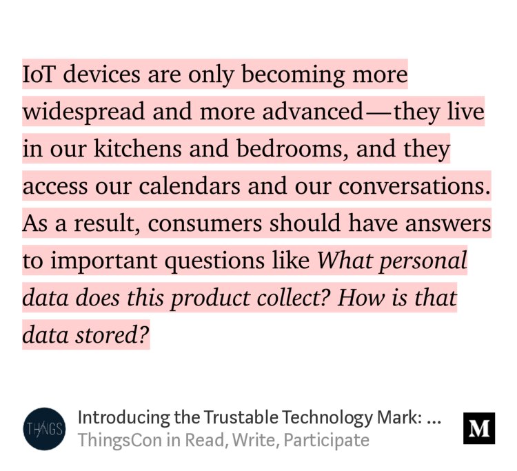 Today, Mozilla Fellow @peterbihr and our friends <a href="/thingscon/">ThingsCon</a> launched the Trustable Technology Mark - a way to tell whether that connected device is trustworthy or not. mzl.la/2SysDnw