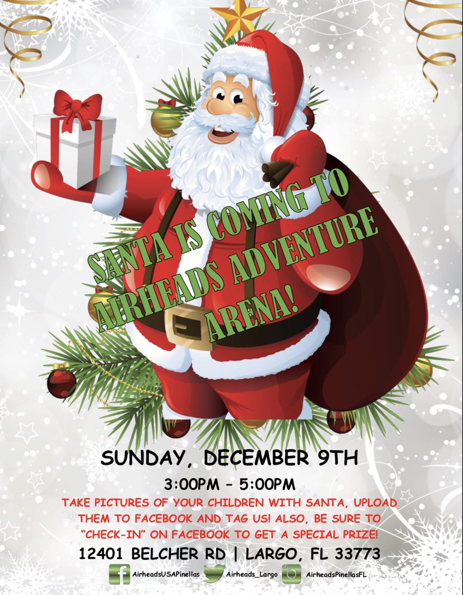 Airheads_Largo's tweet photo. Don’t forget Santa will be joining us this Sunday! Take pictures with Santa and tag us on social media to win a prize! #airheadsadventurearena #airheadslargo #trampoline2018 #trampoline #santa2018 #santaiscomingtotown #santa #christmas2018 #christmastime #christmas https://t.co/xGQpAyVRT3