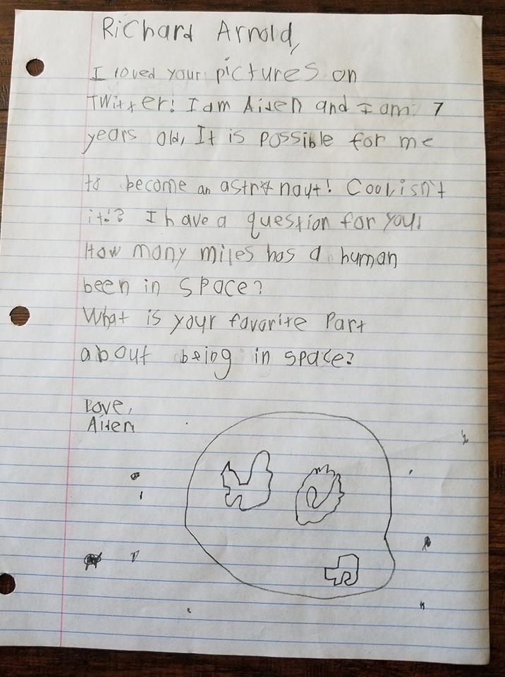 AngieDuganMMA's tweet photo. Aiden mailed a letter to @astro_ricky today! His dream is to become a scientist and an astronaut. This kid is going places. https://t.co/MRw2rqYIrV