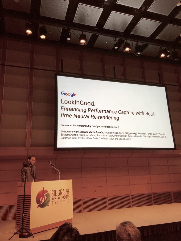 seanfanello's tweet image. Rohit Pandey presenting #LookinGood with #NeuralRendering! Check the video out! youtu.be/Md3tdAKoLGU #SIGGRAPHAsia #DeepLearning #VolumetricCapture