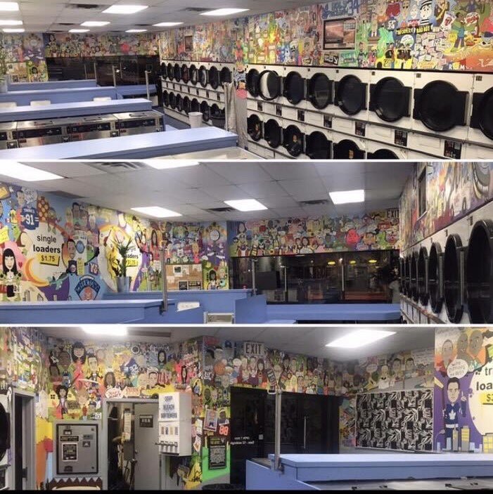 the6mural's tweet photo. MonteCarlo Laundromat, home of #the6mural. Everything Toronto cartoon mural! Over 850 Toronto references!! 970 hours and counting! #the6  @AM34 @Drake #mapleleafs #torontoraptors @kawhileonard #viewsfromthe6  @DinaPugliese @CBC @CTVNews @globalnewsto @CP24  @City_tv https://t.co/progxXtyrJ