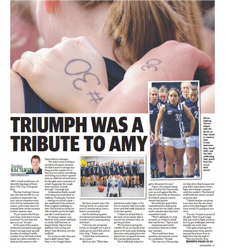 #AFLVMediaAwards BEST PRINT/ONLINE FEATURE STORY (#PJVFL/#SwisseVFLW/#TACCup/#TACCupGirls)

Winner: 'Triumph was a tribute to Amy' - Damien Ractliffe (<a href="/geelongaddy/">Geelong Advertiser</a>)