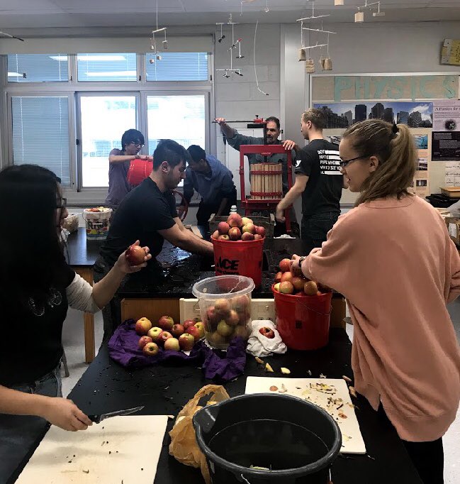 obphysicsclub's tweet photo. the AP physics class made apple cider!!!!!!!!! lots of hard work cutting, mashing, and pressing probably over 100 apples! please buy our cider we did not suffer for like 3 hours for nothing ;((( 50¢ a cup on sale room 265 <3 https://t.co/mmGV17a5Vd