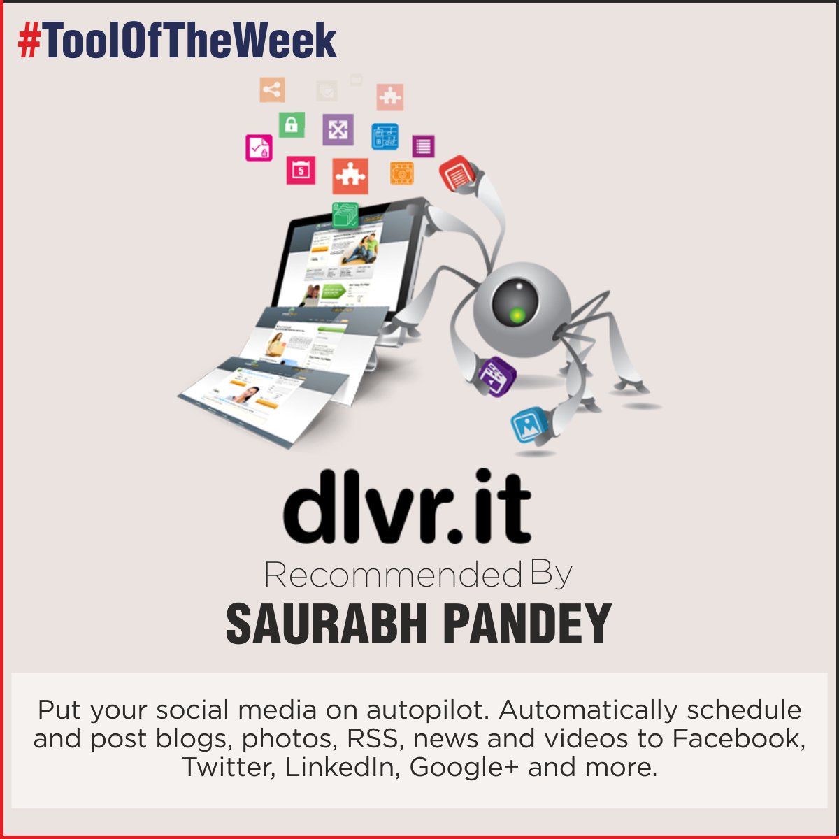 Brandvedaahm's tweet photo. If you are looking for a powerful, easy-to-use, flexible social media automation solution, then here is a tool recommended by Saurabh Pandey, try #dlvrit.
https://t.co/IUTZASi0OA
#Tooloftheweek #Socialmediaautomationtool #socialmediamanagement
#socialmediatips #digitalmarketing https://t.co/MyS3fUav8t