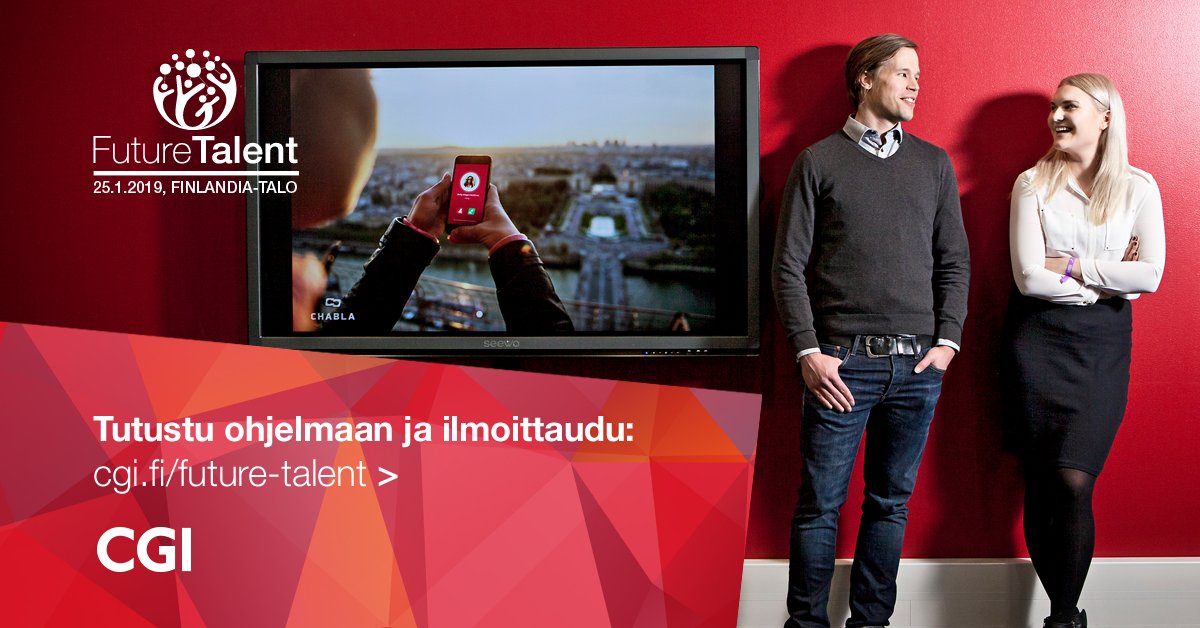 CGI_FI's tweet photo. Oletko sinä seuraava Future Talent? Etsimme IT-alan tulevaisuuden staroja #CGIFutureTalent-tapahtumassa 25.1. Tule mukaan tutustumaan uramahdollisuuksiimme ja nappaa harjoittelupaikka itsellesi. https://t.co/fJQpTesJZG #itrekry #itduunit #työpaikat #rekry https://t.co/xe2evJDizv