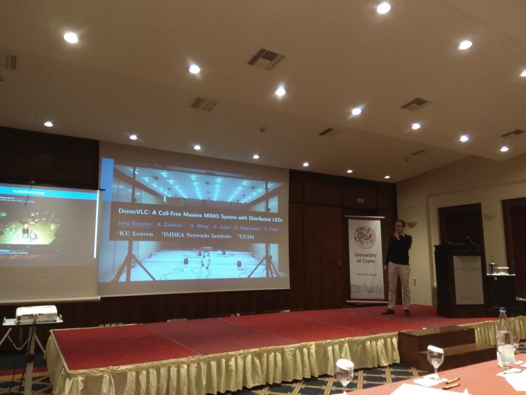 Inspire_Forth's tweet photo. Jona Beysens presents his work on "DenseVLC: A Cell-Free Massive MIMO System with Distributed LEDs", starting the wireless phy level session #conext2018 https://t.co/Bb3Rsc0cYm