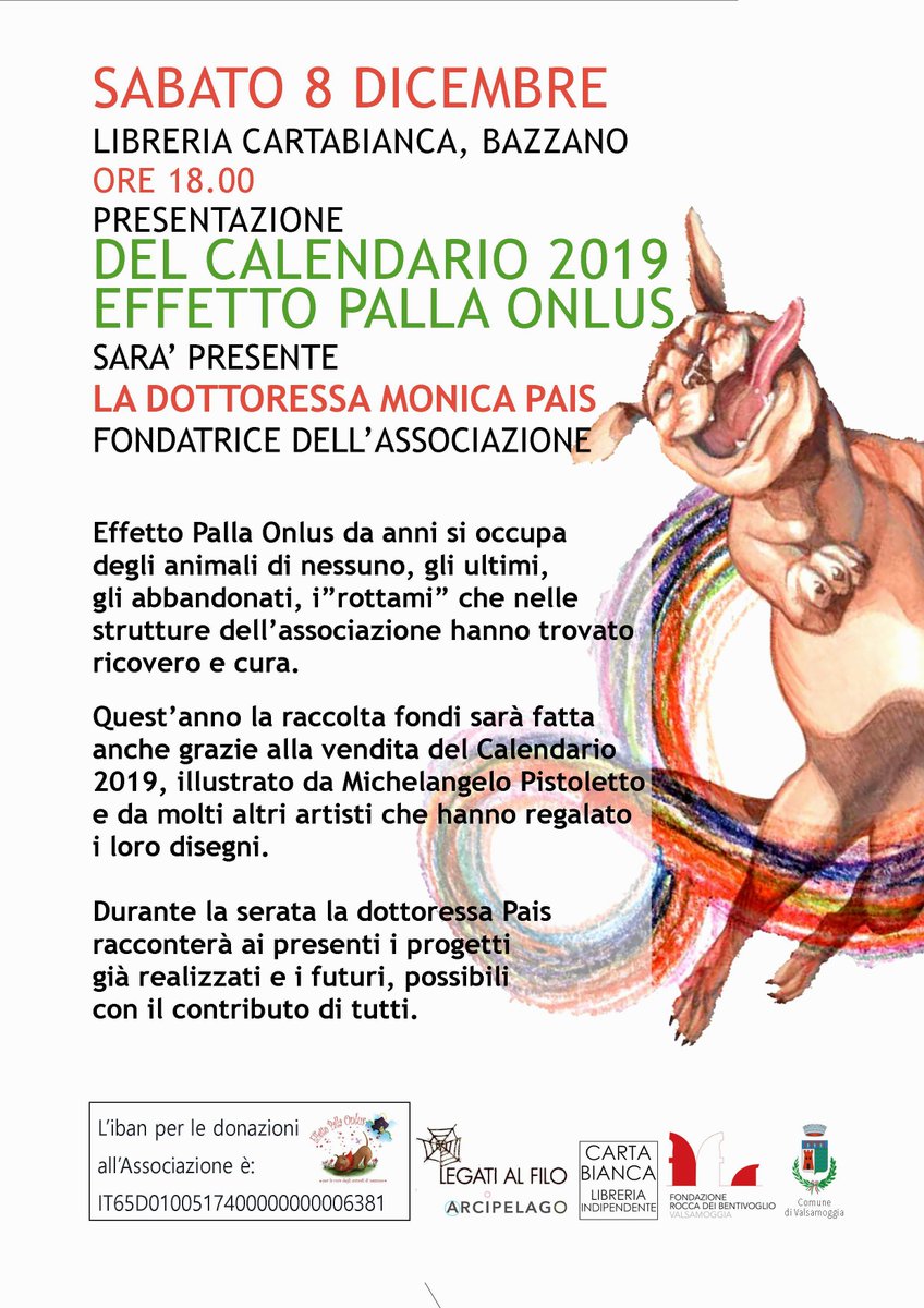 Sabato #8dicembre presso la Libreria Carta Bianca di Bazzano sarà presentato il Calendario 2019 di #EffettoPallaOnlus, associazione che da anni si occupa degli animali abbandonati e vittime di maltrattamenti.
facebook.com/events/1153110…