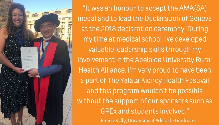 GPEx_SA's tweet photo. Congratulations Emma these are wonderful achievements and a testament to your dedication throughout your studies. Thank you for your work on #AURHA and #YalataKidneyFestival, #GPEx are proud to be providing support for these important #ruralhealth programs.  #UoA #medicalstudent https://t.co/OB7xqcqLi1