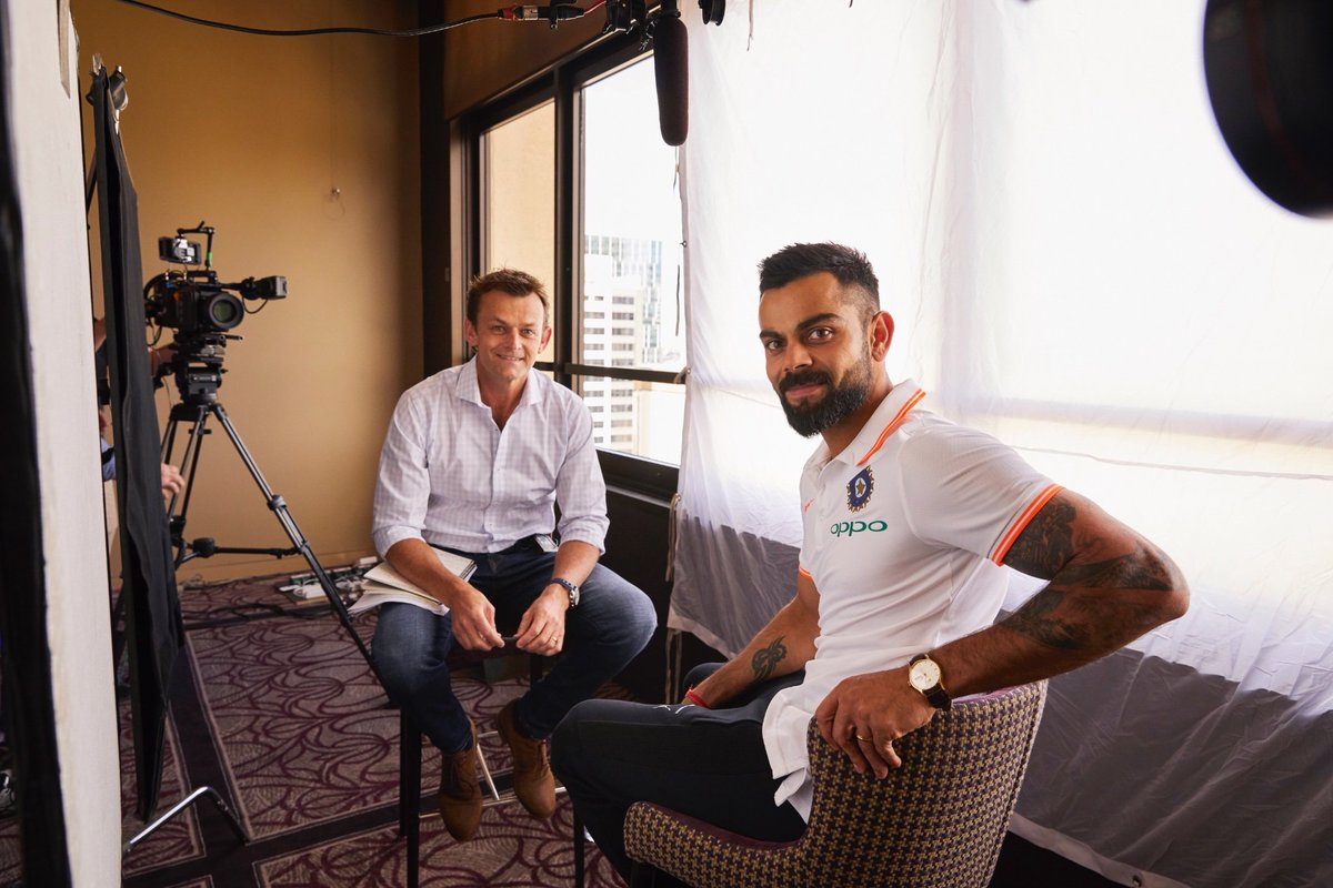Amazing intv. Virat Kohli talks exclusively to Adam Gilchrist lunch break tomorrow from Adelaide Test on Fox Sports 501.