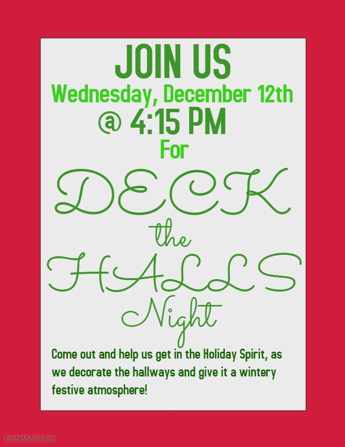 Be sure to come out next Wednesday night (12/12) to help fill the school with holiday spirit, through our first ever “Deck the Halls Night”. Hope to see you there!!!