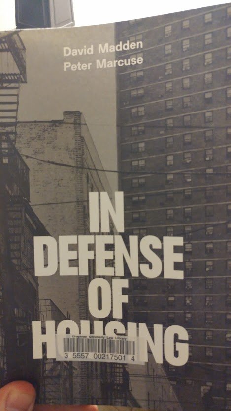 In the style of  @TribTowerViews I'm going to live-tweet some of my thoughts on this book: In Defense of Housing by Madden and Marcuse. So far, it's a standard diatribe against "commodification" of housing.