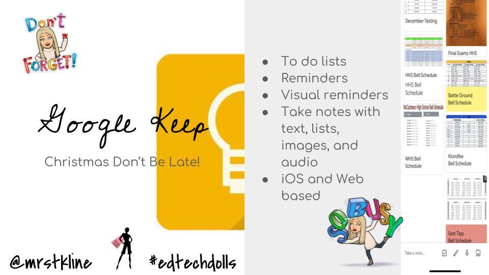 HSwartz25's tweet photo. Dec 6 and #EdTechDolls @mrstkline shares her favorite #EdTech Tool - Google Keep - as her gift to you! @GoogleForEdu #INeLearn @TIntegrators @iceindiana @mradamwelcome @mrmatera @jmattmiller @burgessdave @GirlsWhoCode #evillagenwi @EdTechintheBend #TSCschools https://t.co/53colm53au