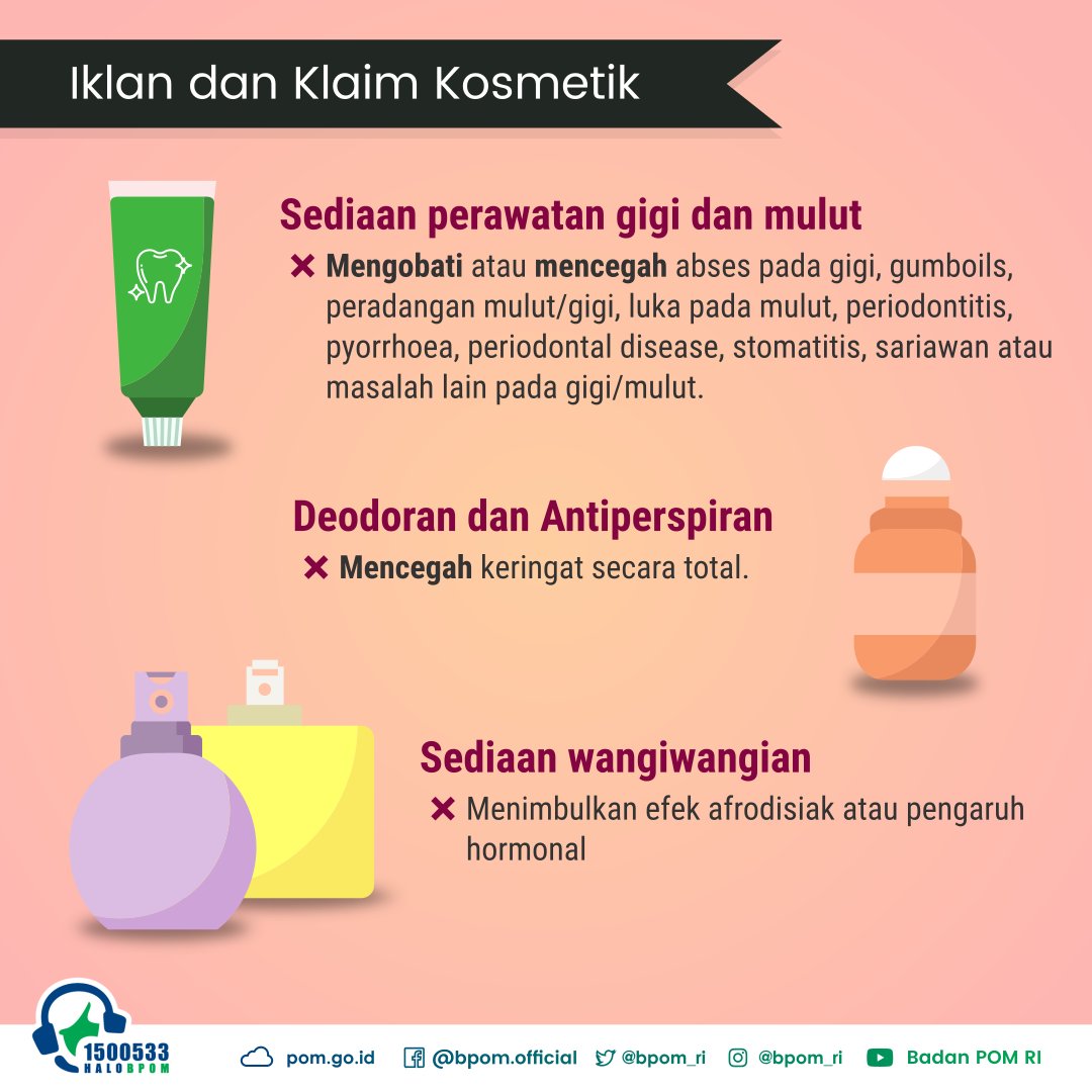 BPOM_RI's tweet photo. #SahabatBPOM jangan mudah tertipu iklan kosmetik yang menyesatkan dengan klaim-klaim berlebihan. Ada beberapa klaim yang tidak diizinkan dalam kosmetik.

Selengkapnya bisa cek infografis berikut 
#KosmetikAman 
.
.
. https://t.co/GCrFuJmeJd