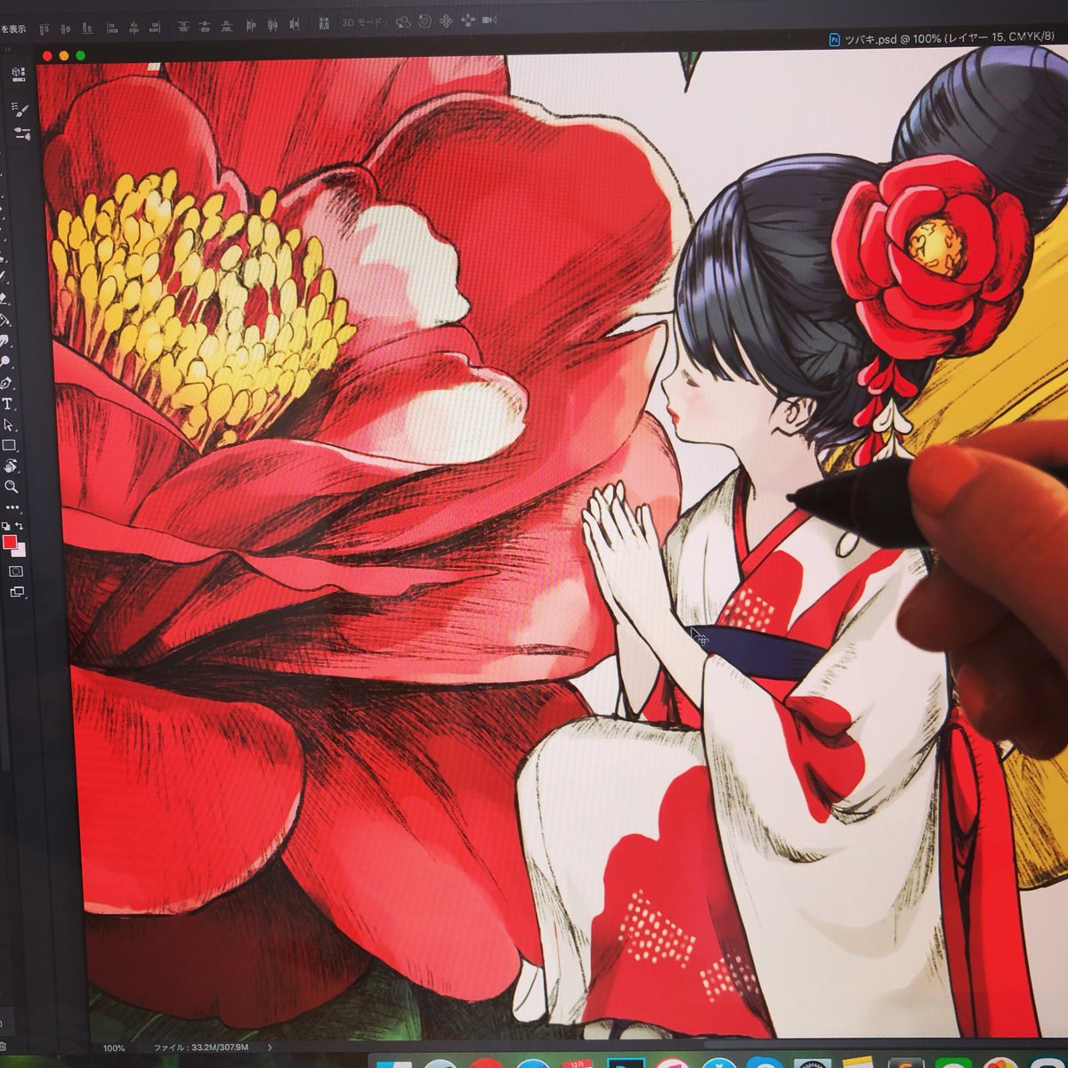 ほしのいつき Itsuki 最近は花 そこに宿る妖精シリーズを描いてます 赤ってすごいキレイ Illustration Fairy Flower イラスト 制作途中 妖精 椿
