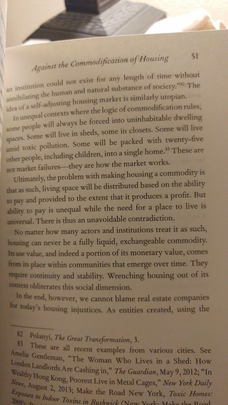 Ladies and gentlemen, this is your captain speaking. We are now arriving at the dark heart of the problem. Commodifying housing is bad bc "ability to pay is unequal while the need for a place to live is universal." So far, I could not agree more.