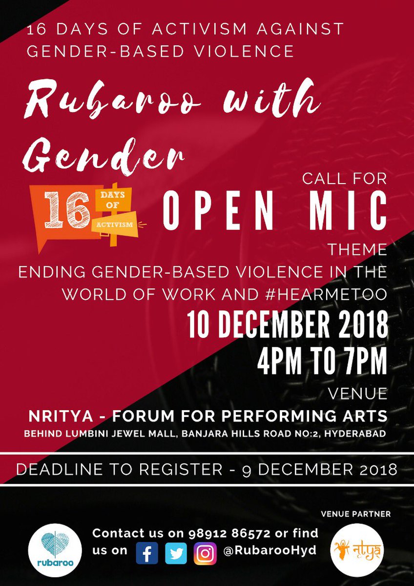 RubarooHyd's tweet photo. Call for Open Mic on the theme of #HearMeToo at #RubarooWithGender as part of #16DaysOfActivism https://t.co/DFdD1Qa4HB