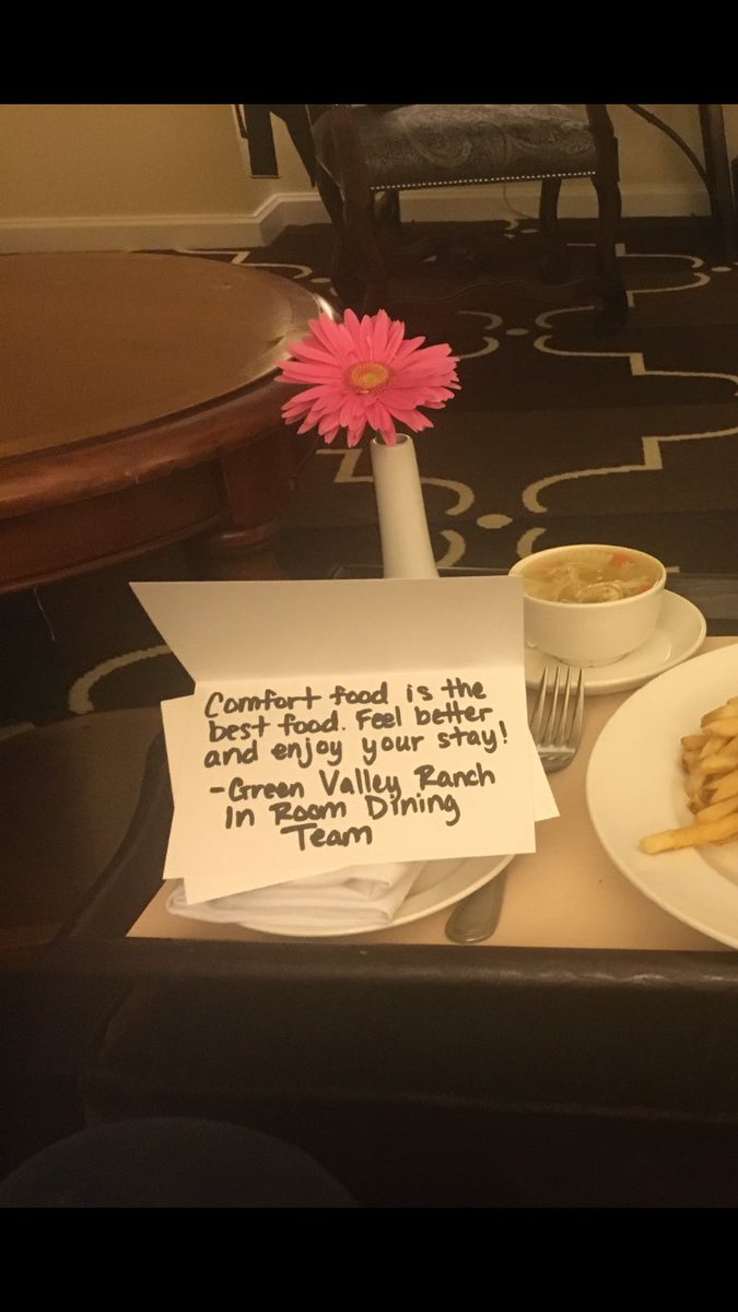 It’s no fun being sick, let alone sick on the road for work. But then the @GBRcasino  Green Valley Ranch Resort’s In Room Dining Team sends a nice note and makes my day—you are the BEST!! Thank you!!!