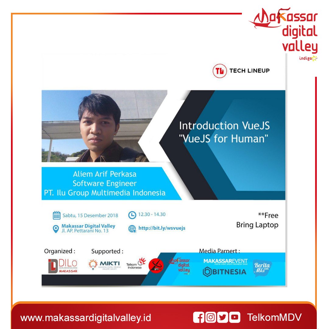 indigohubmks's tweet image. Bulan ini @DiLoMakassar kembali membuka kelas Tech Line Up dengan topik Introduction VueJS &quot; VueJS For Human&quot; bersama pemateri Aliem Arif Perkasa, Software Engineer PT Ilu Group Multimedia Indonesia. Segera amankan seatmu yah di bit.ly/wsvuejs
#mdv #workshoptech #digital