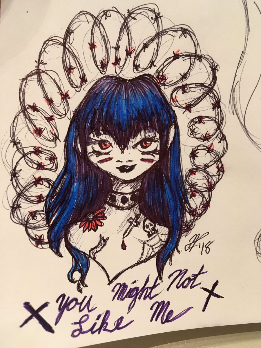 SugarCArsenic's tweet photo. I drew a thing at Valkyrie gallery’s creative night! I’m hoping to make stickers! 😁#stickers #youmightnotlikeme #pens #markers #tattoos #redeyes https://t.co/CYsaruYjji