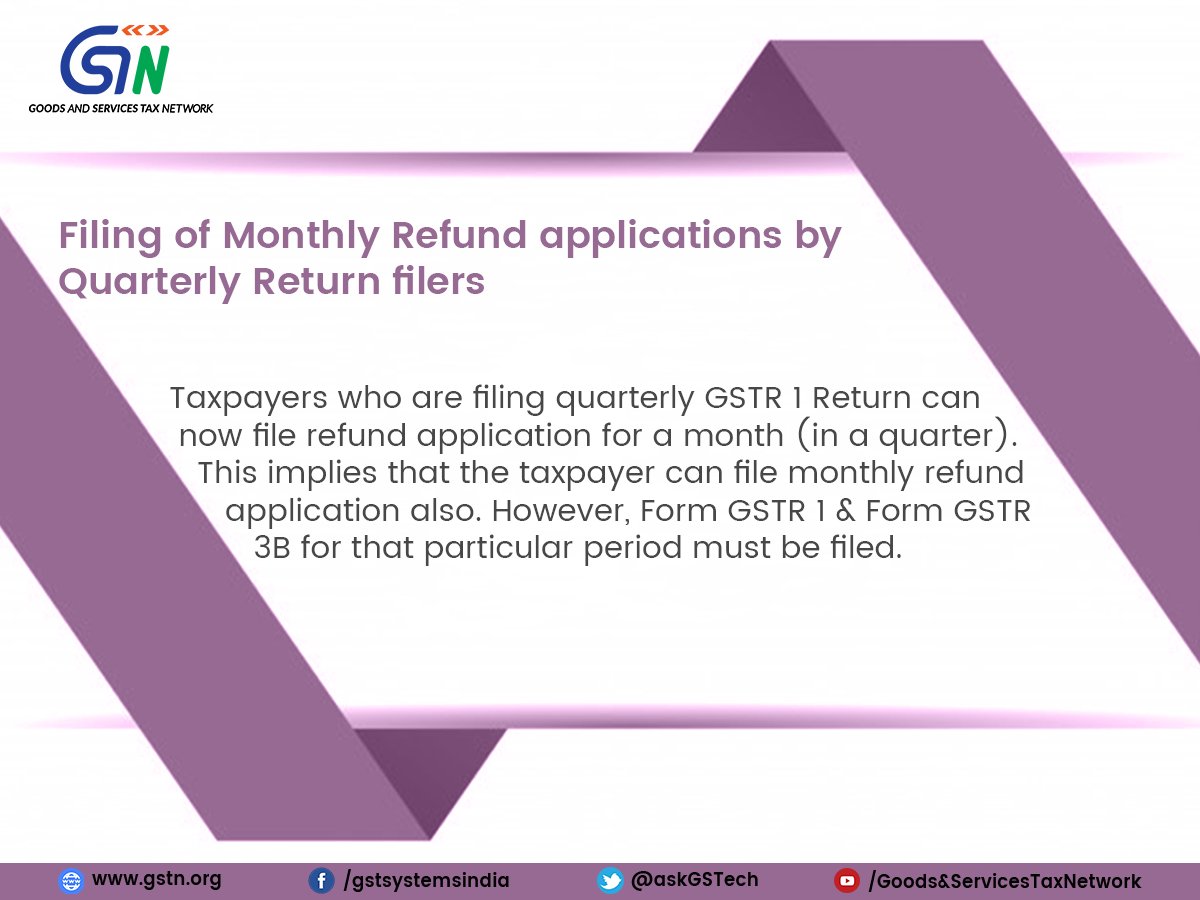 gstindia's tweet photo. Filing of Monthly Refund applications by Quarterly Return filers now available on GST Portal. https://t.co/qORzkeg2iX
