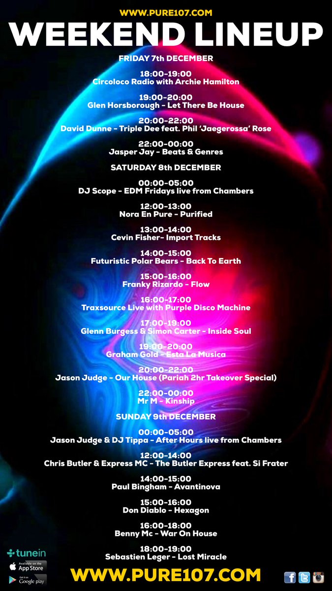 Pure107fm's tweet photo. Just take a look at this line up we have planned for the weekend. #KeepItPure #Pure107 https://t.co/aKZmvQToVO