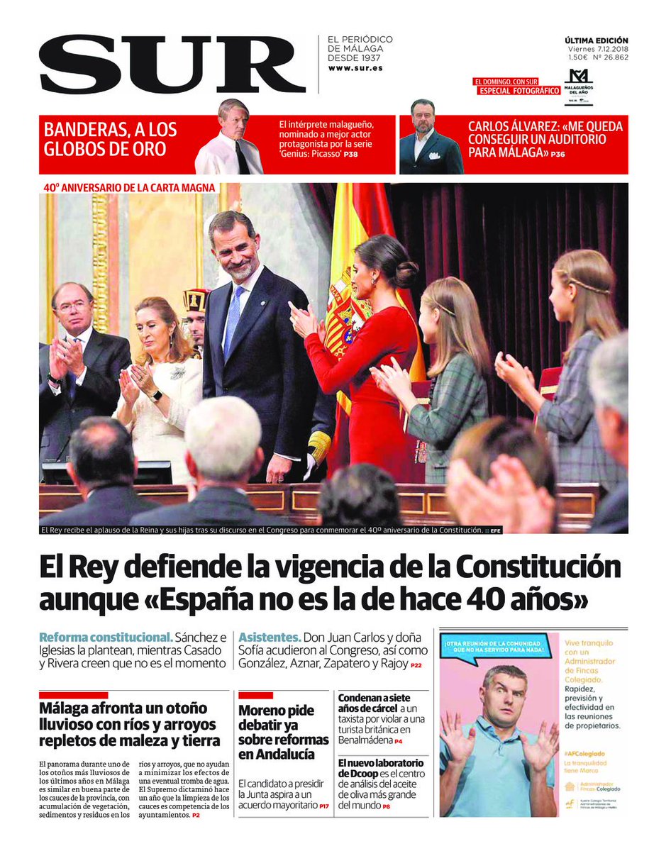 DiarioSUR's tweet photo. ¡Buenos días! La defensa por parte del Rey de la vigencia de la Constitución centra nuestra #PortadaSUR de este jueves https://t.co/LuM5cJUWiN https://t.co/b0bWkL0Lwg