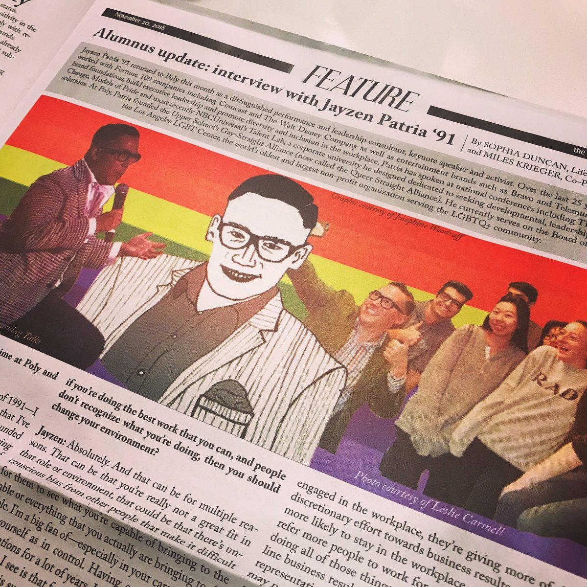 JayzenPatria's tweet image. Just got my copy of the #PolytechnicSchool Paw Print 🐾 with a fabulous feature! Interview from when I visited and spoke to the QSA last month! I love the fan art! Glad they captured the pocket square and bags under my eyes 😂