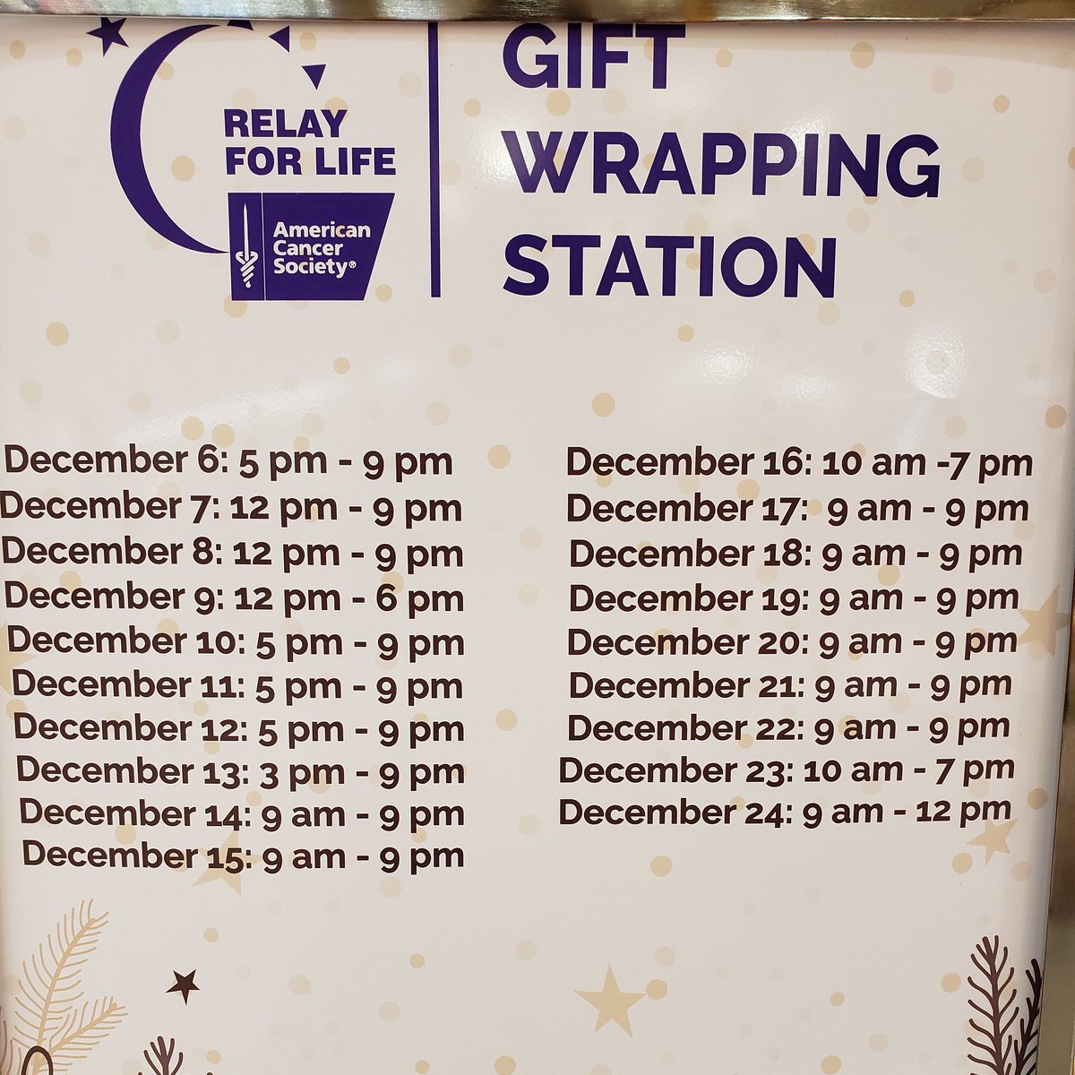 RFLBooneCounty's tweet photo. Take one thing off your to do list &amp; come see us at the Columbia Mall! Let our volunteers wrap your gifts for you!  All donations benefit Relay For Life! We are set up by Santa at H&amp;M Court! https://t.co/bnGgiAwToK