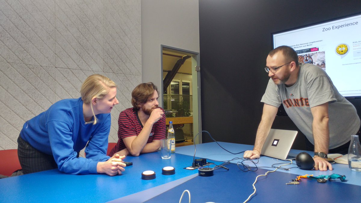 cklavery's tweet photo. A nice little #voicefirst gathering with the nice great people of @moccu - in this picture 3 digital professionals trying to get echo buttons to work for a demo (and failing miserably) 🤫👂#vui #vux #stillinbeta https://t.co/yHKcVRWflW