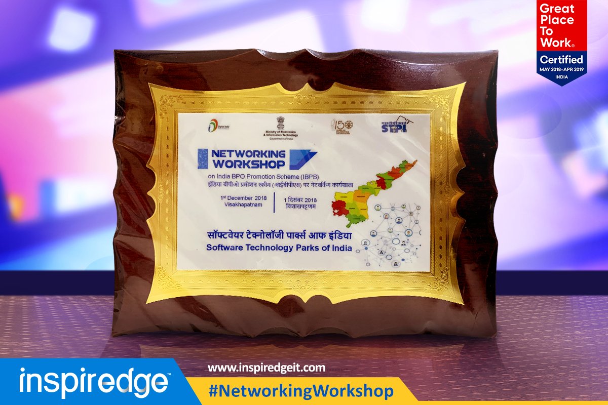 inspiredge's tweet image. A token of appreciation for our valuable contribution in the panel of discussion participated by our CEO @KrishnaGadiparthi on &quot;Opportunities of BPO in emerging cities &amp;amp; rural India&quot; at the &apos;#NETWORKINGWORKSHOP&apos; conducted in #IBPS from @_DigitalIndia @GoI_MeitY @stpiindia
