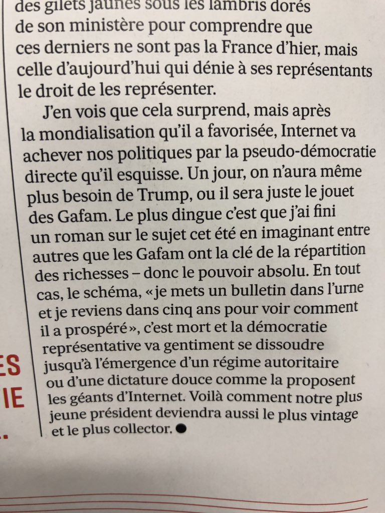 Comme chque semaine edito canon de <a href="/Dugainmarc/">Marc Dugain</a> dans <a href="/LesEchosWeekEnd/">Les Echos Week-End</a> - comme chaque semaine ça pique et ça fait réfléchir.