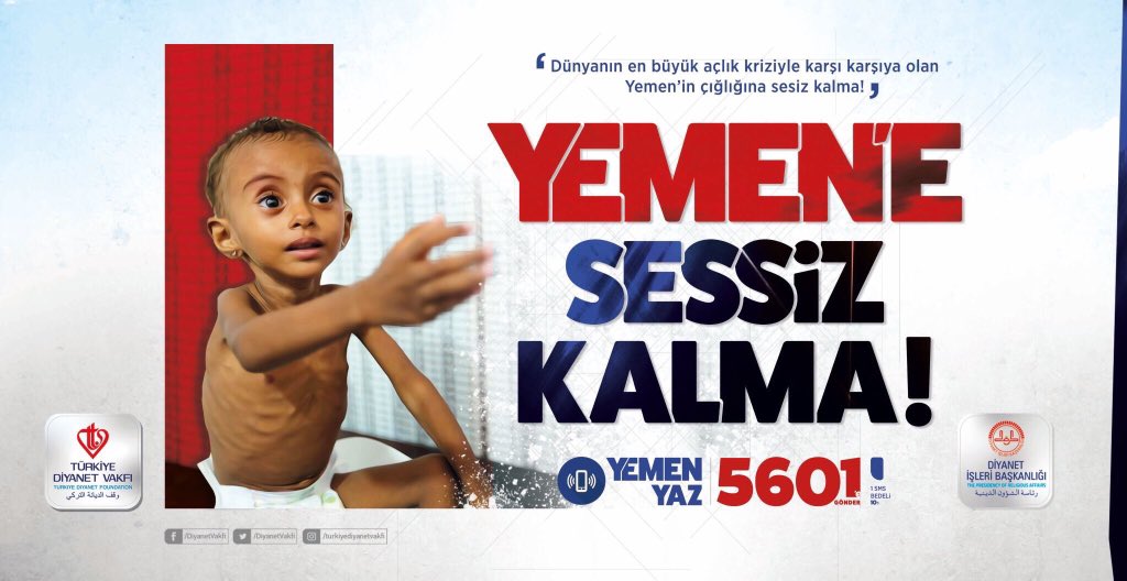 Geçmişimizde ve değerlerimizde her zaman mazlumun, mağdurun ve darda kalanın yanında olduk. 
20 milyonun üzerinde insan en temel ihtiyaçlarını karşılayamıyor. #YemeneSessizKalma