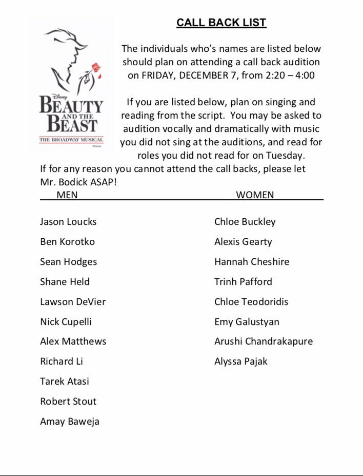 Here is everyone on the call back list.. Congratulations!! Be in the auditorium at 2:20 to sing and read from the script until about 4:00. Can’t wait, good luck everyone!!