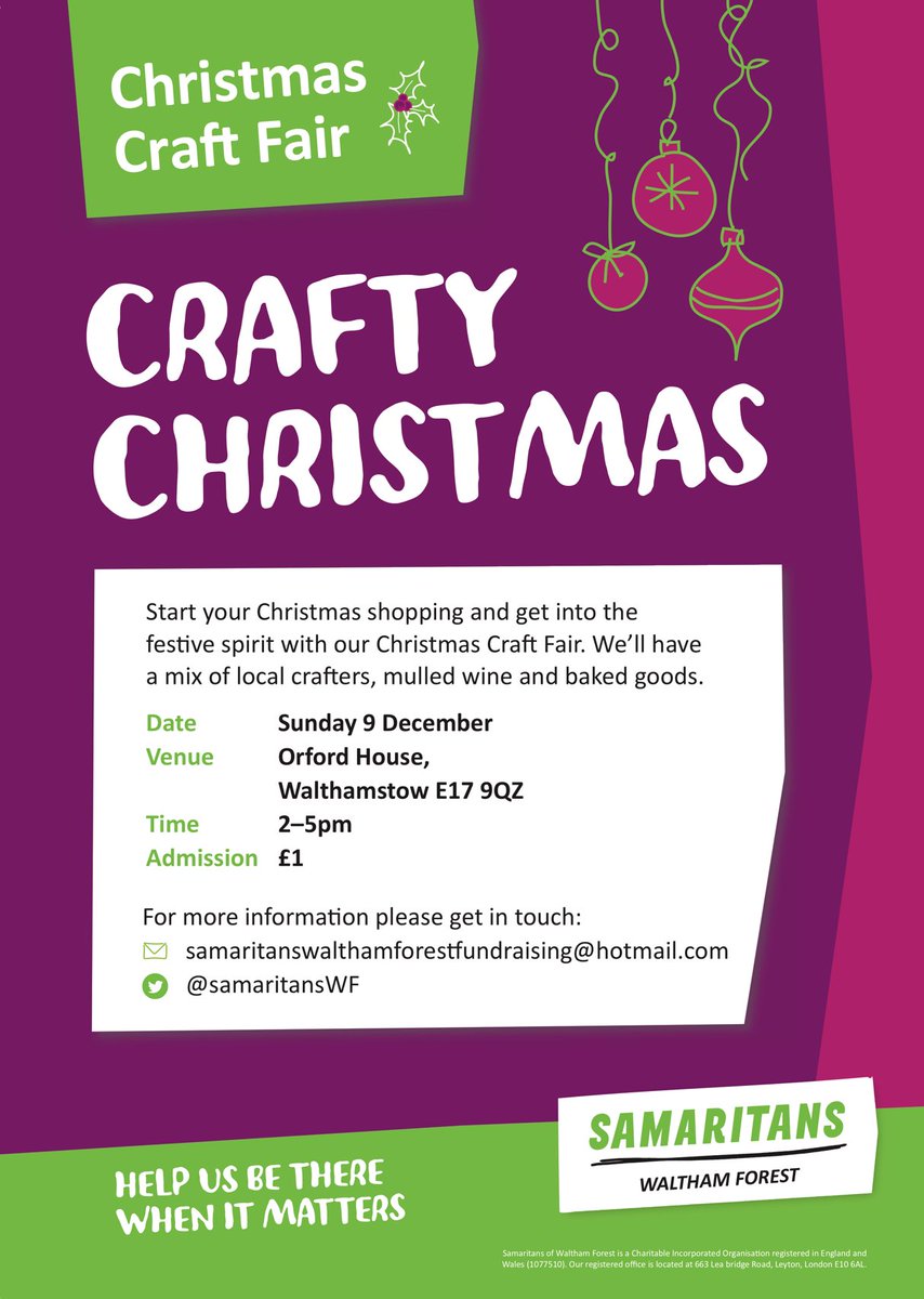 SamaritansWF's tweet photo. It looks like π€the weather on Sunday might lift (or at least not rain!) But if not at least we are indoors and there will be a cosy cake, mulled wine, and coffee corner to warm up with ππ
βπ¦ #samaritanscraftfair #walthamstow #e17 https://t.co/WyO7RFHJhx