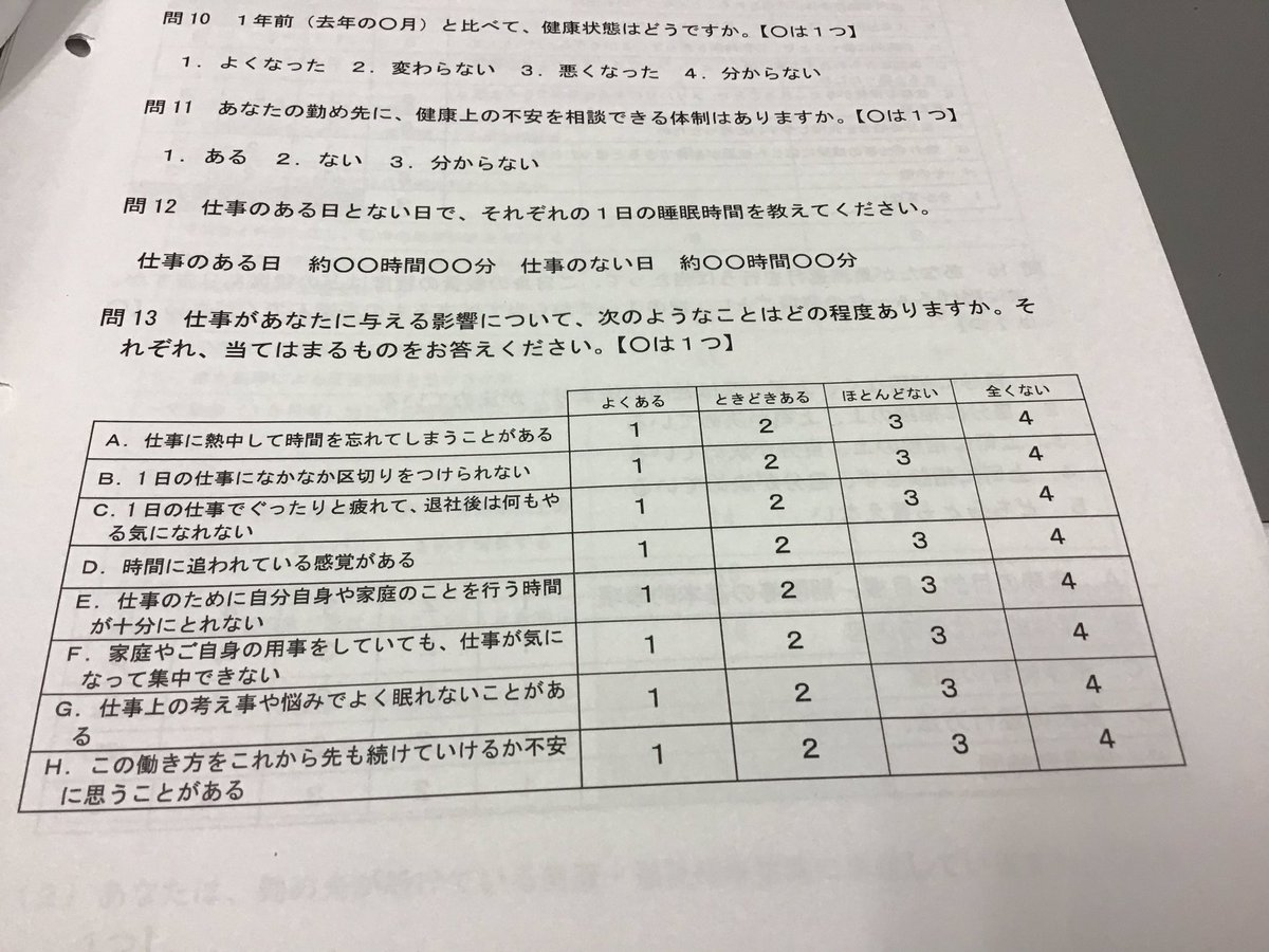 上西充子 同じく欠席の小倉一哉委員も 回答者負担を理由の裁量労働制労働者調査票の問13の削除を提案 これも事務局が早口で読み上げ 座長には当初 意見の手元資料もなし 黒田委員が この項目がなくなるとメンタルヘルスの悪化を捉えられなくなると 上西充子 同じく欠席の小倉一哉委員も 回答者負担を理由の裁量労働制労働者調査票の問13の削除を提案 これも事務局が早口で読み上げ 座長には当初 意見の手元資料もなし 黒田委員が この項目がなくなるとメンタルヘルスの悪化を捉えられなくなると