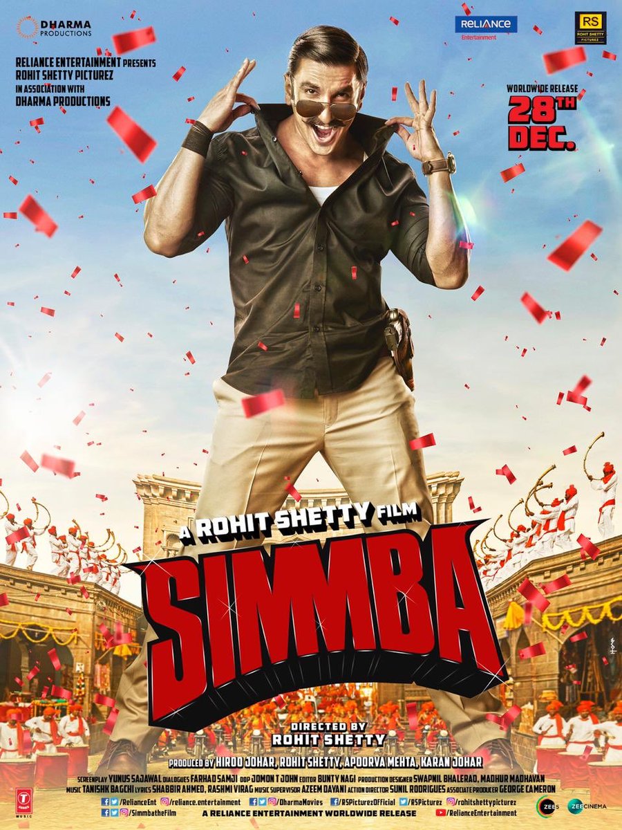 boxofficeindia's tweet photo. Here's the latest poster of #Simmba ft. @RanveerOfficial. It also stars #SaraAliKhan and @SonuSood. Directed by @iamrohitshetty, it is produced by #RohitShetty and @karanjohar. It will release on December 28, 2018.
@RelianceEnt @RSPicturez @DharmaMovies https://t.co/xIpXmy1wNx