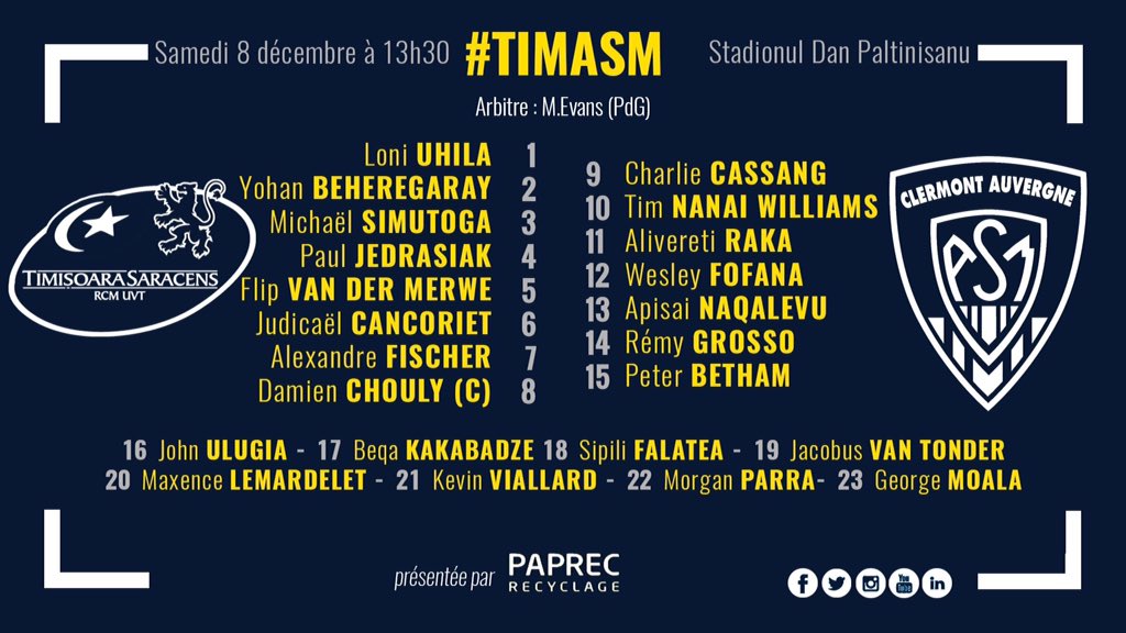 RugbyInfosClerm's tweet photo. #ASM #ASMTIM la compo avec le retour de Rémy Grosso. Fofana, Jedrasiak et Fischer titulaires. @LemardeletM et Kevin Viallard sur le banc comme Parra. @ERChallengeCup https://t.co/mxE2JYGwVT