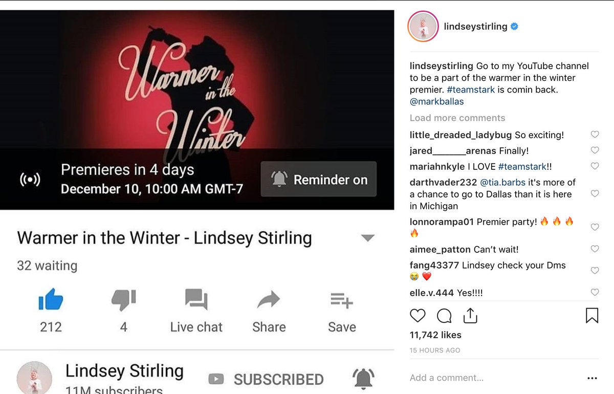 LindseyStirling's tweet photo. Go to my YouTube channel to be part of the Warmer in the Winter premier!  #teamstark is comin' back! @MarkBallas https://t.co/OCNRLnDkm8