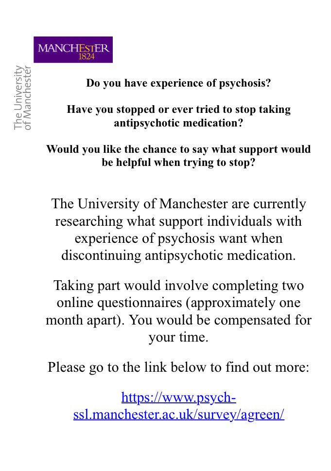 We are looking for UK participants to take part in a study exploring what support individuals with experience of psychosis want when discontinuing antipsychotic medication. Please RT!

Study: psych-ssl.manchester.ac.uk/survey/agreen/

#psychosis #schizophrenia #hearingvoices #MentalHealthMatters