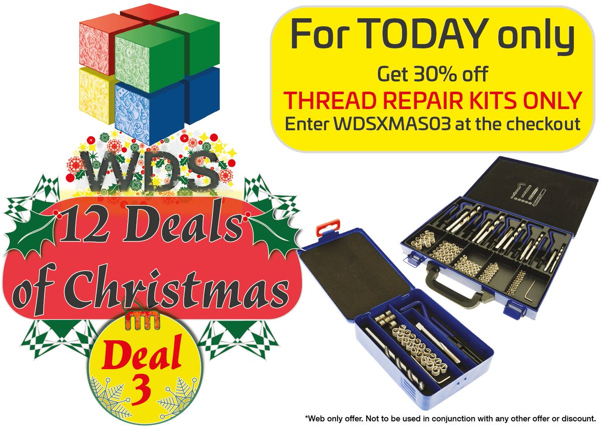 WDSComponents's tweet image. #12DealsofXmas
Deal 3 - Today Only! (07/12/18 GMT) Get 30% off Thread Repair Kits on our website.
Enter WDSXMAS03 at the checkout.
Click the link: ow.ly/SrT650jRnhe
#threadrepair #threadinserts #engineering #engineeringdesign #machining #CAD