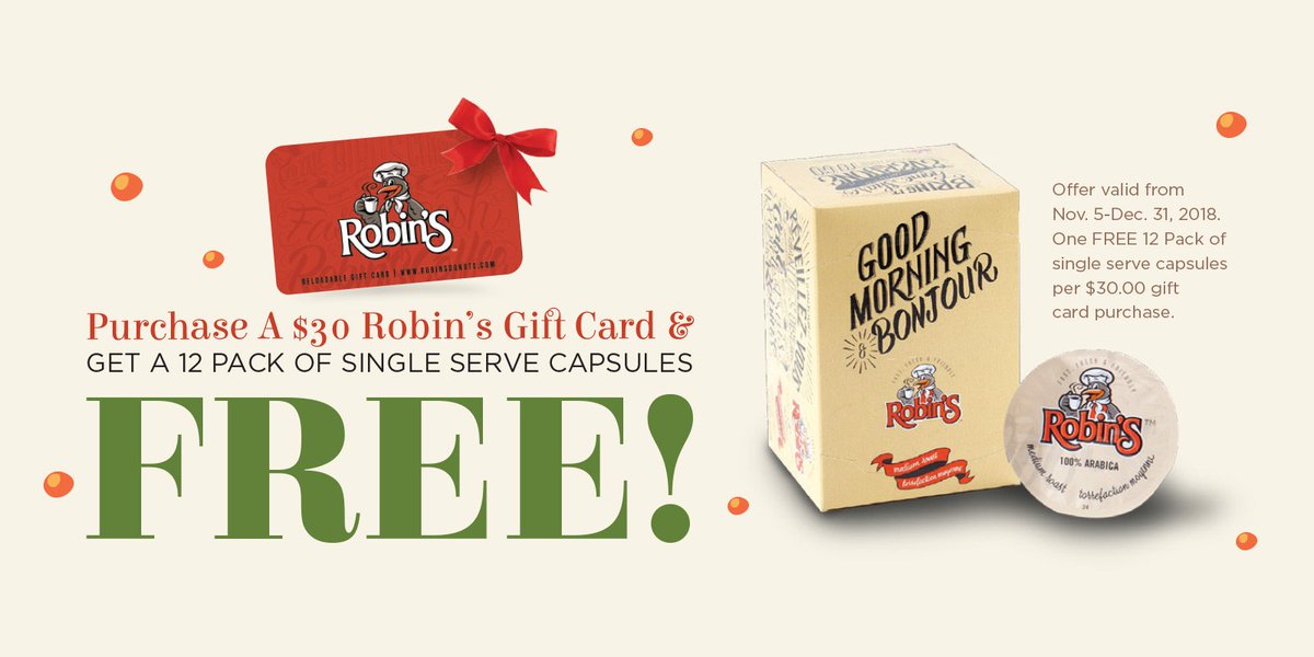 RobinsMaritimes's tweet photo. Start your Holiday Shopping at Robin's!  Buy a $30 Gift Card and get a FREE 12pk of coffee capsules for FREE!!!  ☕️☕️🍩🍩💰💰 https://t.co/dnQsGeTOlY