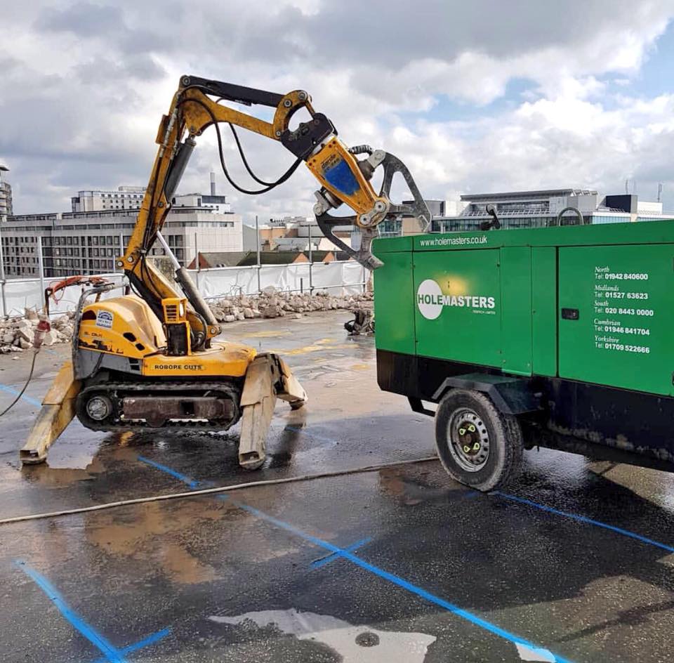 Holemasters operates a range of machines. These are electric powered &amp; can therefore be used inside buildings without creating fumes. Being remotely operated, the operator can stand in a position of safety &amp; have a clearer view of the work in progress.

holemasters.co.uk/robotic-demoli…