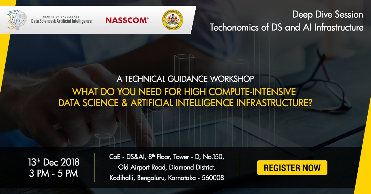 nasscomCoEIoT's tweet image. NASSCOM CoE DS &amp;amp; AI is organising a technical guidance workshop on the &apos;Techonomics of DS and AI infrastructure&apos;, seeking recommendations and inputs from industry experts on high compute DS &amp;amp; AI facilities. For registrations, visit: bit.ly/techonomicseve…
#AI #CoE #Techonomics
