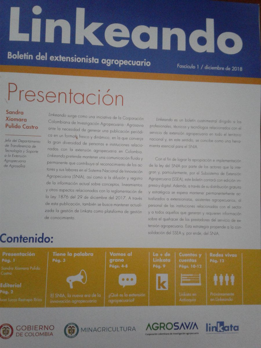 torresgiraldo06's tweet photo. Para destacar durante el Encuentro @ATALinkata Antioquia 2018 el lanzamiento del boletin #Linkeando de @SomosAGROSAVIA  medio de difusión del extensionista y de muchos actores del SNIA. Un buen canal de comunicación de la red @ATALinkata https://t.co/m1UTOmivnj