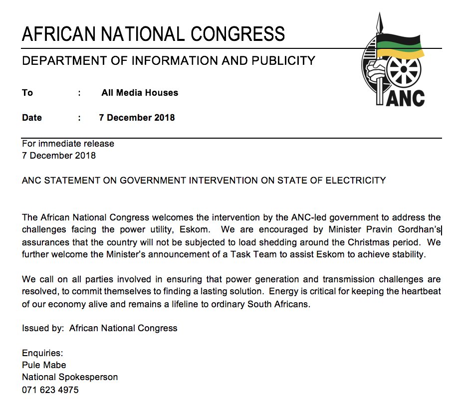 MYANC's tweet image. STATEMENT 

ANC welcomes the intervention by the ANC-led government to address the challenges facing the power utility, Eskom.